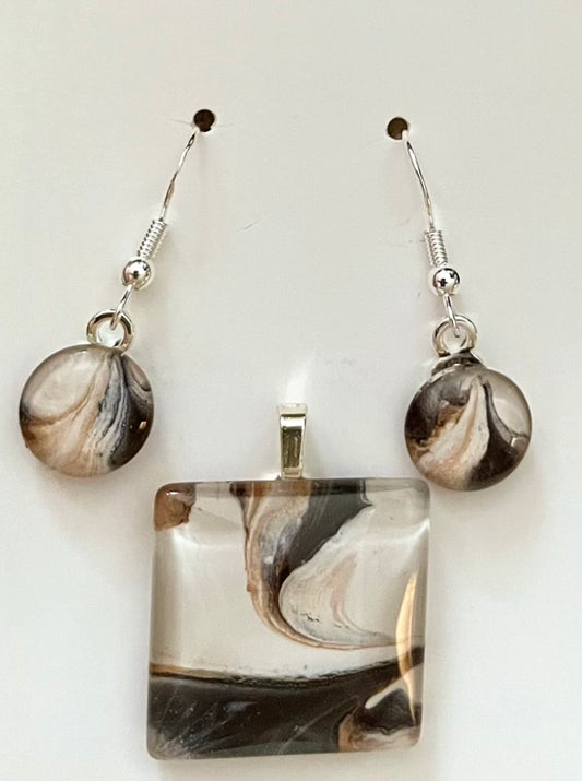 Mocha Latte (brown, cream) Earrings/Pendant Set ML111