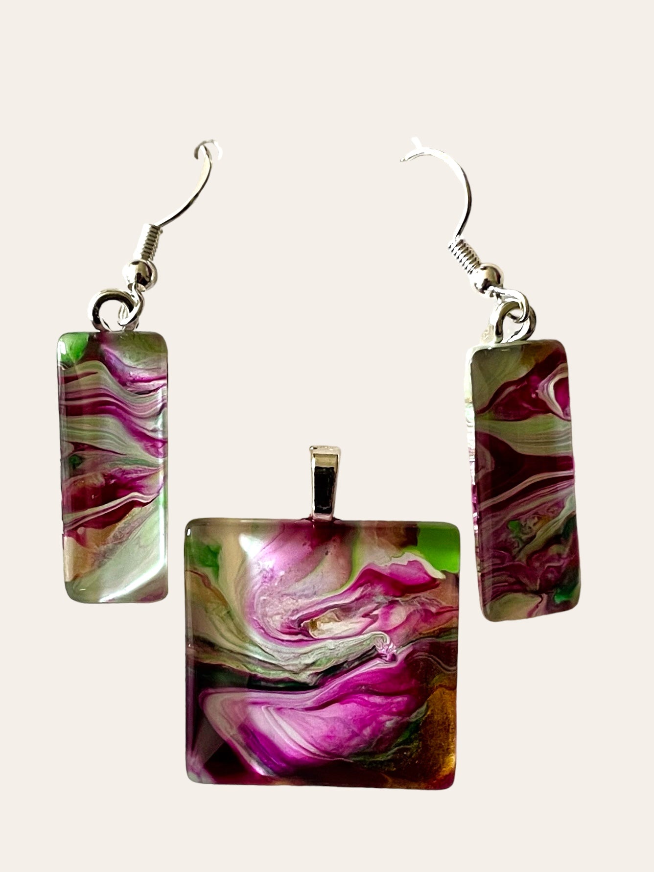 Vibrant Spring Day (pink, green) Earrings/Pendant Set VS107