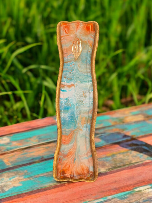 Mezuzah Case (Large, Burnt-Orange, Turquoise, Gold) MZ104