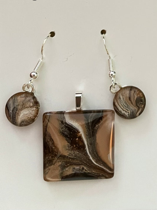 Mocha Latte (brown, cream) Earrings/Pendant Set ML104