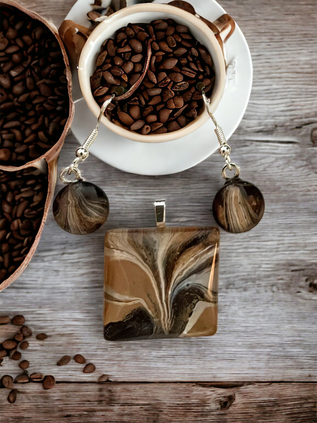 Mocha Latte (brown, cream) Earrings/Pendant Set ML108