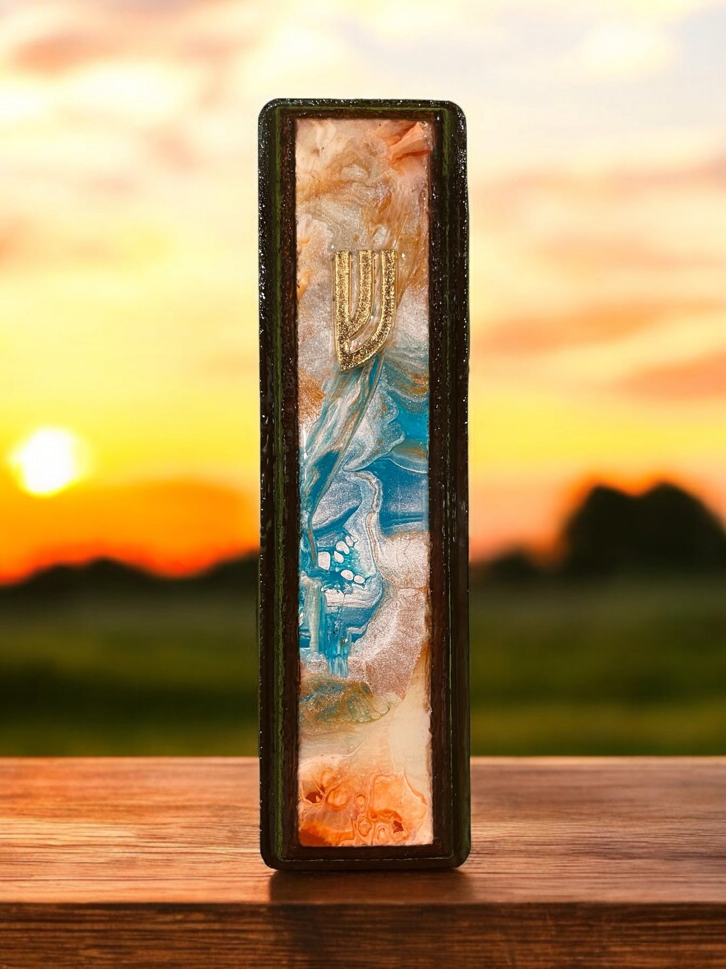 Mezuzah Case (Large, Dark Umbra, Burnt-Orange, Turquoise) MZ105